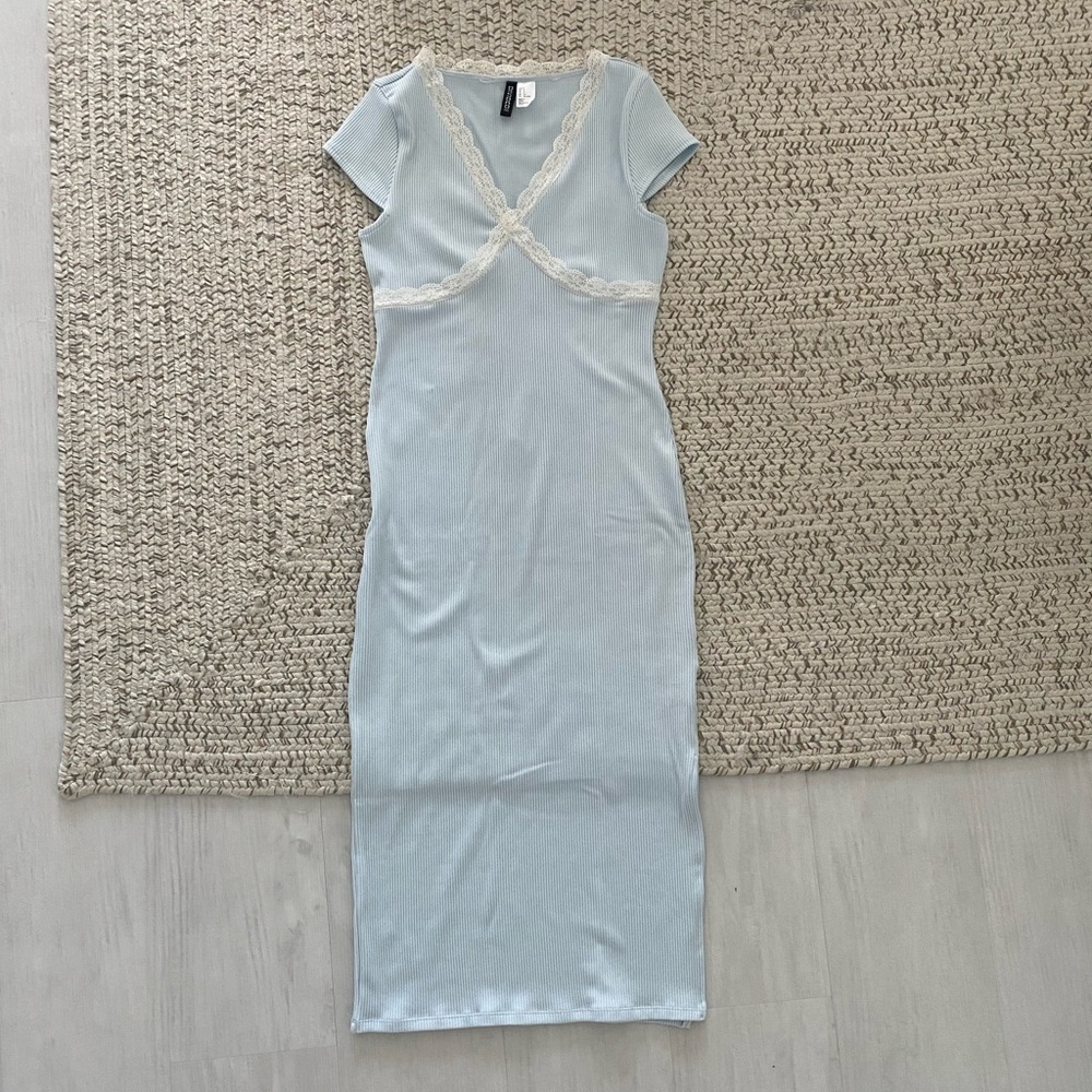 NEVER WORN. Light Blue Ribbed Midi Dress with Lace Trim.